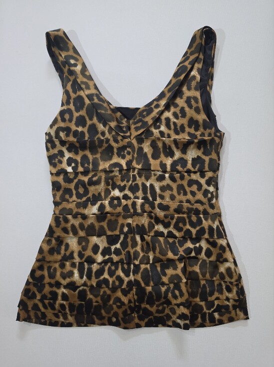 Express Tops - Express Sleeveless Cheetah Print Blouse Womens Sz Medium Tan Black Drape Front